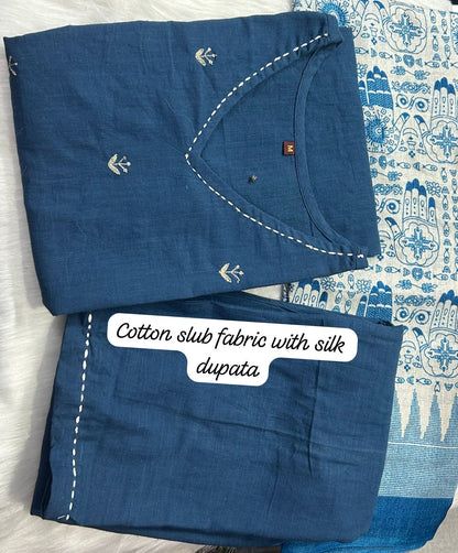Cotton Slub Kurti with Hand Kantha Work, Pants and Cotton Silk Dupatta – Women’s Ethnic Set