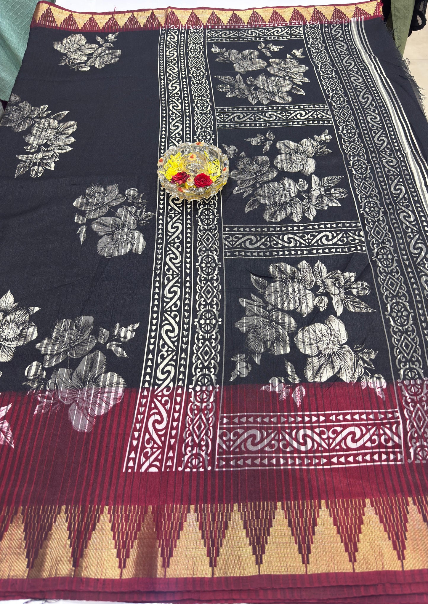 Printed Silk Blend Saree for Women with Temple Border and Traditional Ethnic Design