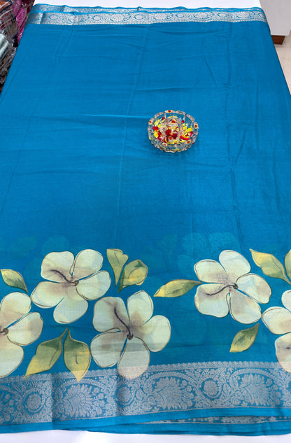 Floral Printed Semi Silk Saree for Women with Woven Border and Elegant Ethnic Design