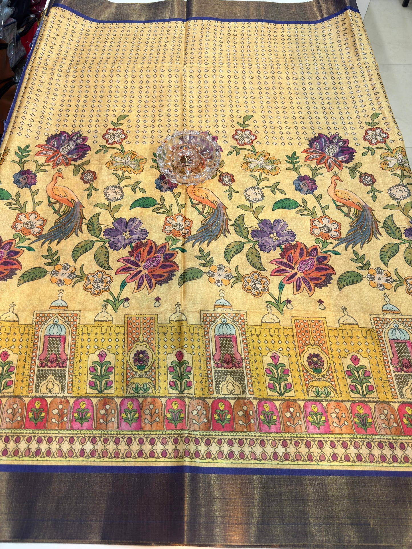Soft Tussar Silk Printed Saree with Contrast Border, Tassels and Blouse for Women