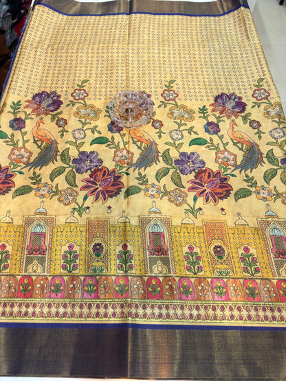 Soft Tussar Silk Printed Saree with Contrast Border, Tassels and Blouse for Women