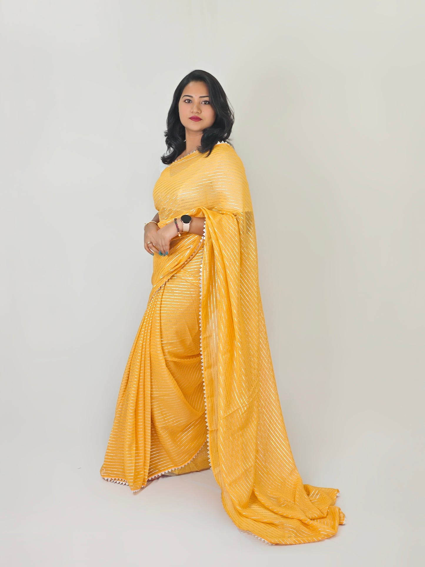 Soft Chiffon Saree with Silver Zari Weaving & Gota Temple Border – Banarasi Silk Blouse Included