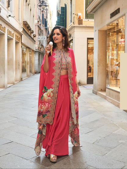 French Crepe Silk Jacket Blouse Dhoti Set with Handwork for Wedding Wear