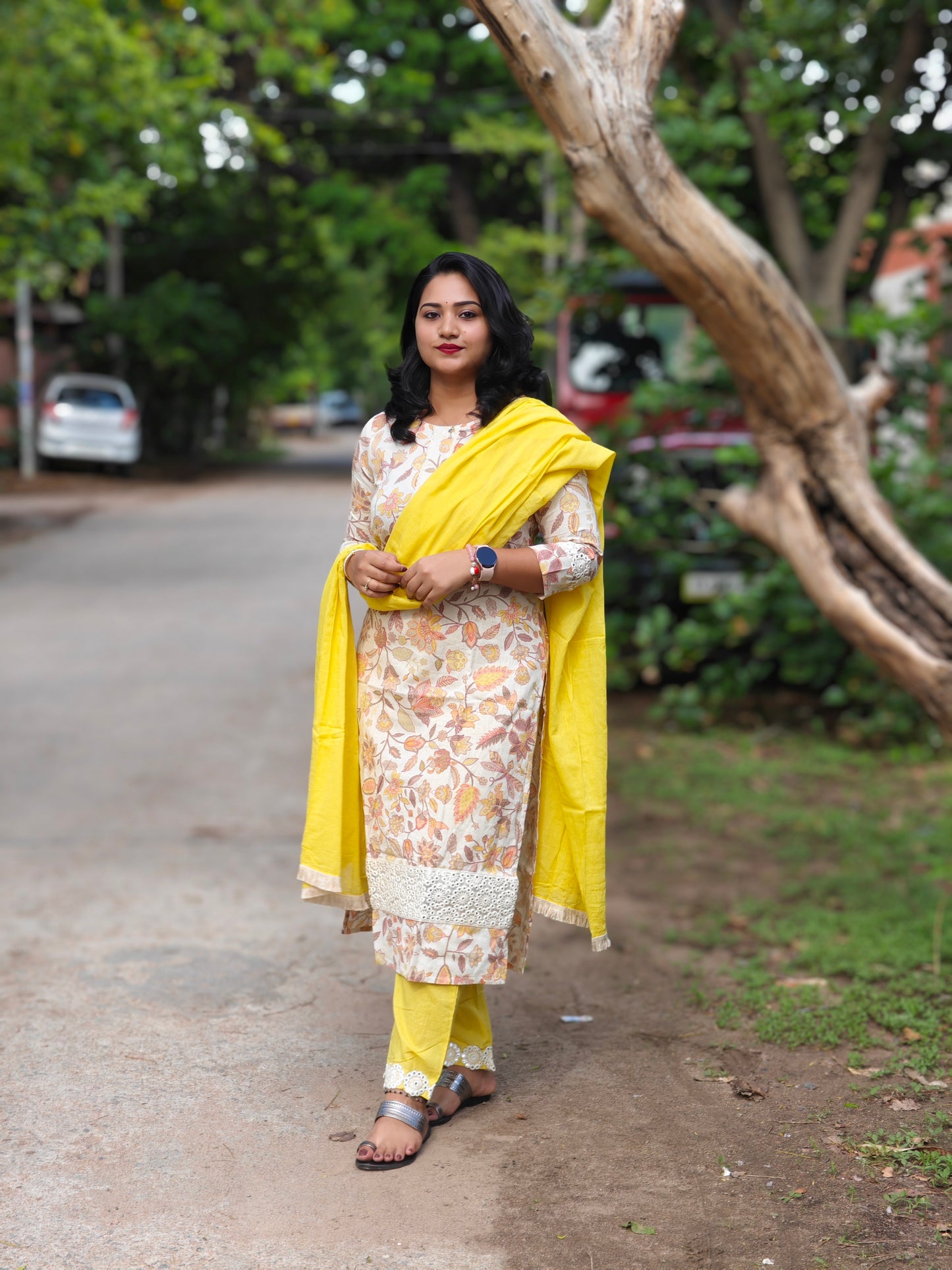 Handloom Cotton Hand Block Printed Kurta Pant Dupatta Suit Set with Organza Lace – Women’s Sizes 38 to 46