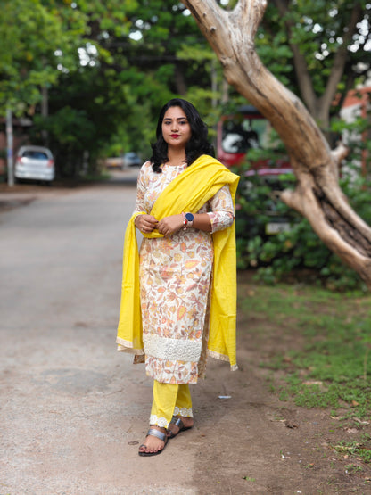 Handloom Cotton Hand Block Printed Kurta Pant Dupatta Suit Set with Organza Lace – Women’s Sizes 38 to 46