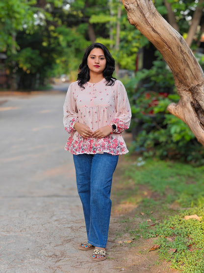 Peach Georgette Floral Printed Flared Top for Women – Sizes M to 3XL