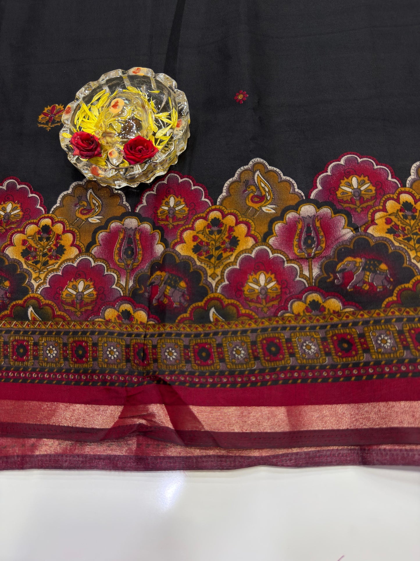 Kalamkari Printed Silk Blend Saree for Women with Artistic Border and Traditional Ethnic Design