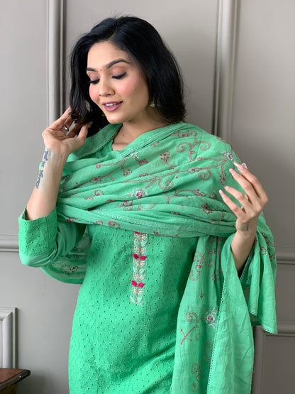 Cotton Schiffli Chikankari Kurta Set with Pants and Printed Silk Dupatta – Women’s Ethnic Wear