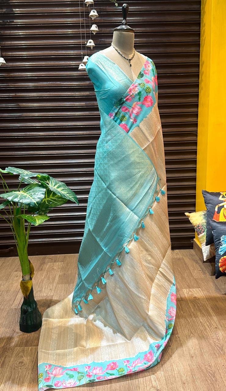 Soft Silk Saree with Pichwai Lotus Print Contrast Border, Rich Zari Pallu, and Blouse Piece