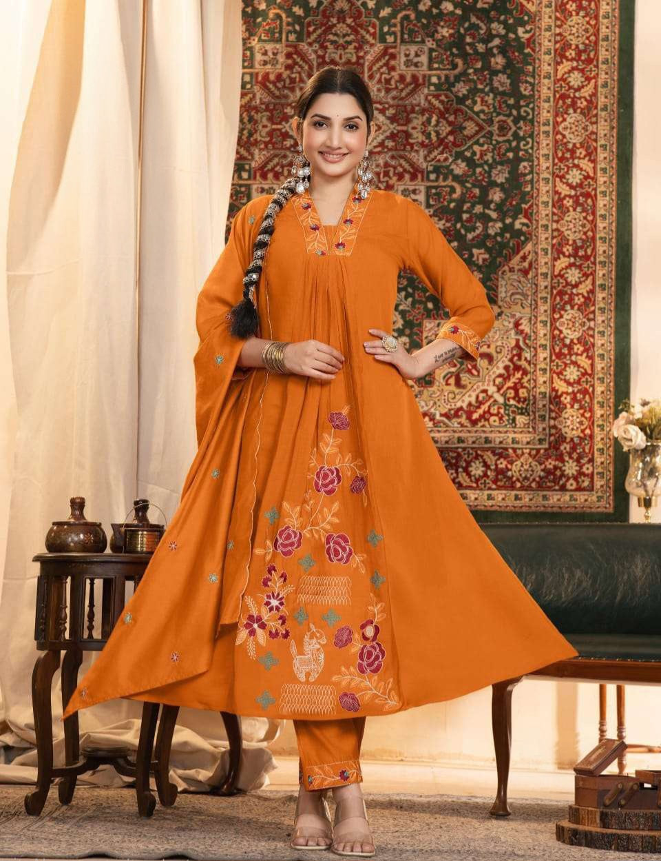 Mul Chanderi anarkali kurta set with cotton lining, Roman bottom and Chanderi dupatta, women’s festive 3 piece set XL–3XL