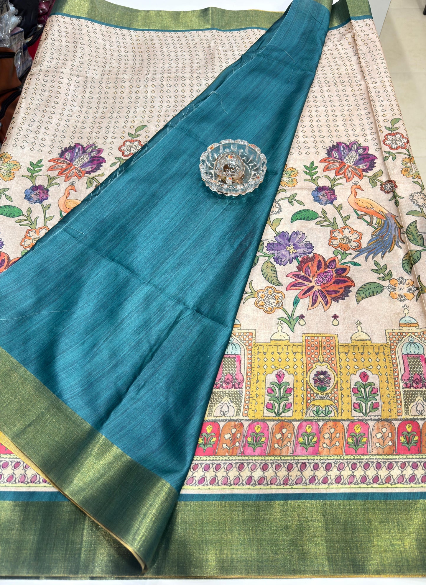 Soft Tussar Silk Printed Saree with Contrast Border, Tassels and Blouse for Women
