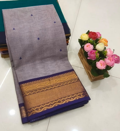 Kanchi cotton saree with all over small butti and zari thread border, 6.2m with running blouse, women’s traditional saree
