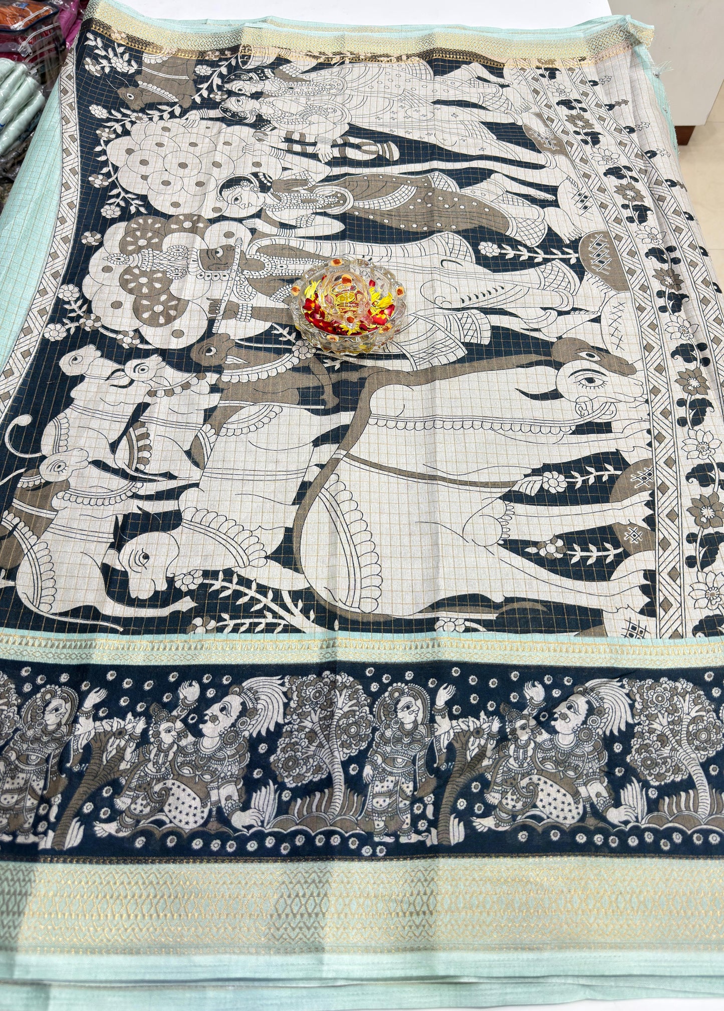 Semi Mysore Georgette Blend Saree for Women with Woven Border and Traditional Printed Design