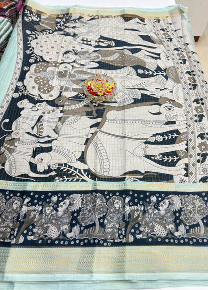 Semi Mysore Georgette Blend Saree for Women with Woven Border and Traditional Printed Design