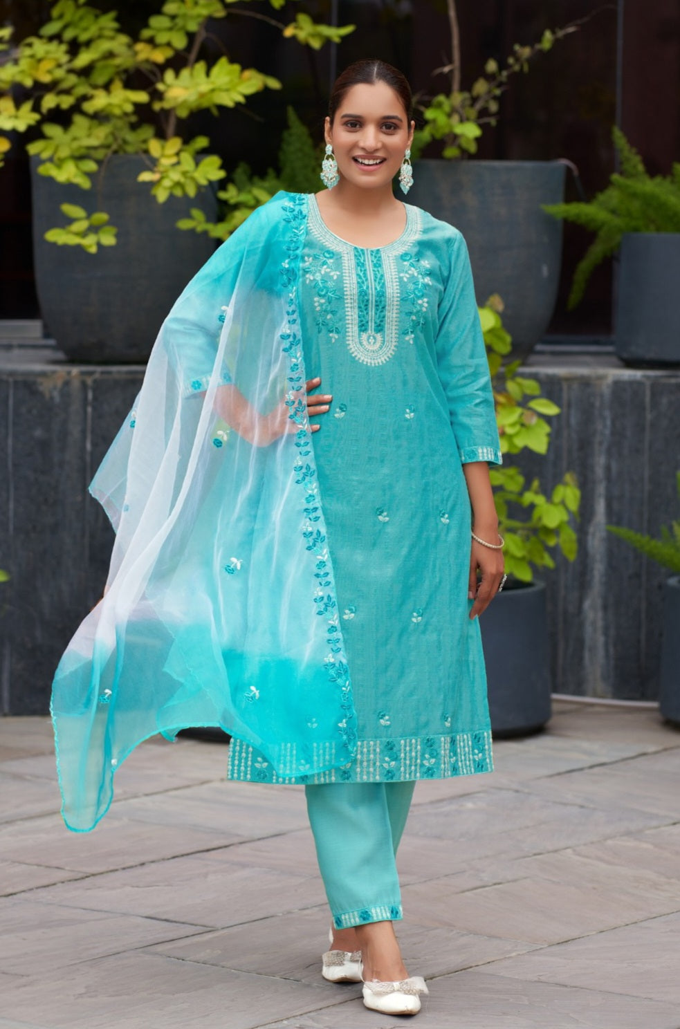 Plus size straight cut vatican dobby kurta pant set with embroidered organza dupatta, 3 piece suit for women, 2XL-3XL