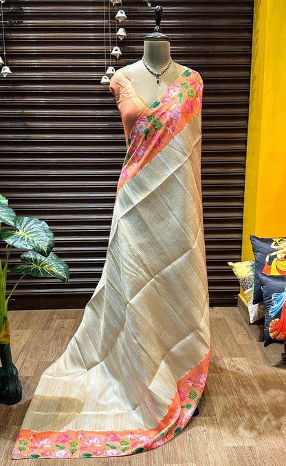 Soft Silk Saree with Pichwai Lotus Print Contrast Border, Rich Zari Pallu, and Blouse Piece