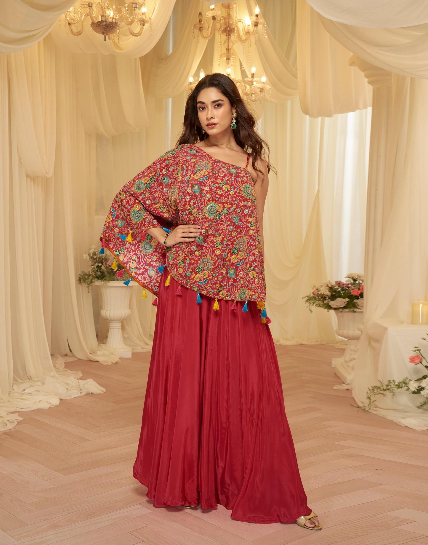 Designer Viscose Crepe Embroidered Kaftan Style Palazzo Set for Women with Blouse