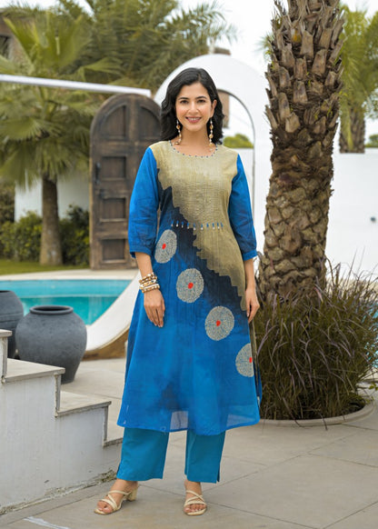 Cotton Kurti Pant Set for Women, Blue Olive Printed Kurti with Pant, 2 Piece Set, 3/4 Sleeves, Regular Fit