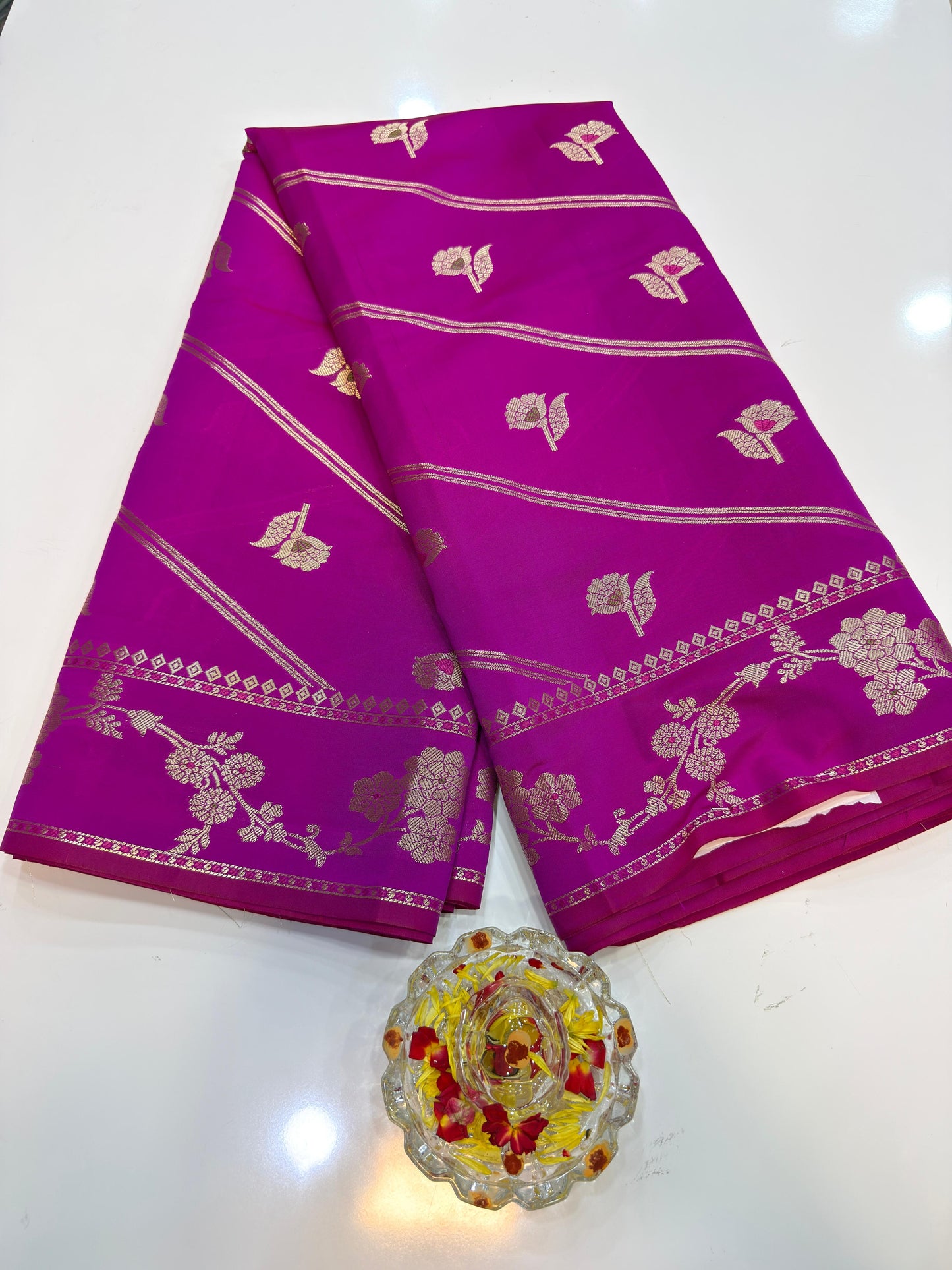 Banarasi Semi Katan Silk Saree for Women with Gold Zari Weaving, Meenakari Border and Blouse Piece