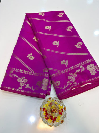 Banarasi Semi Katan Silk Saree for Women with Gold Zari Weaving, Meenakari Border and Blouse Piece