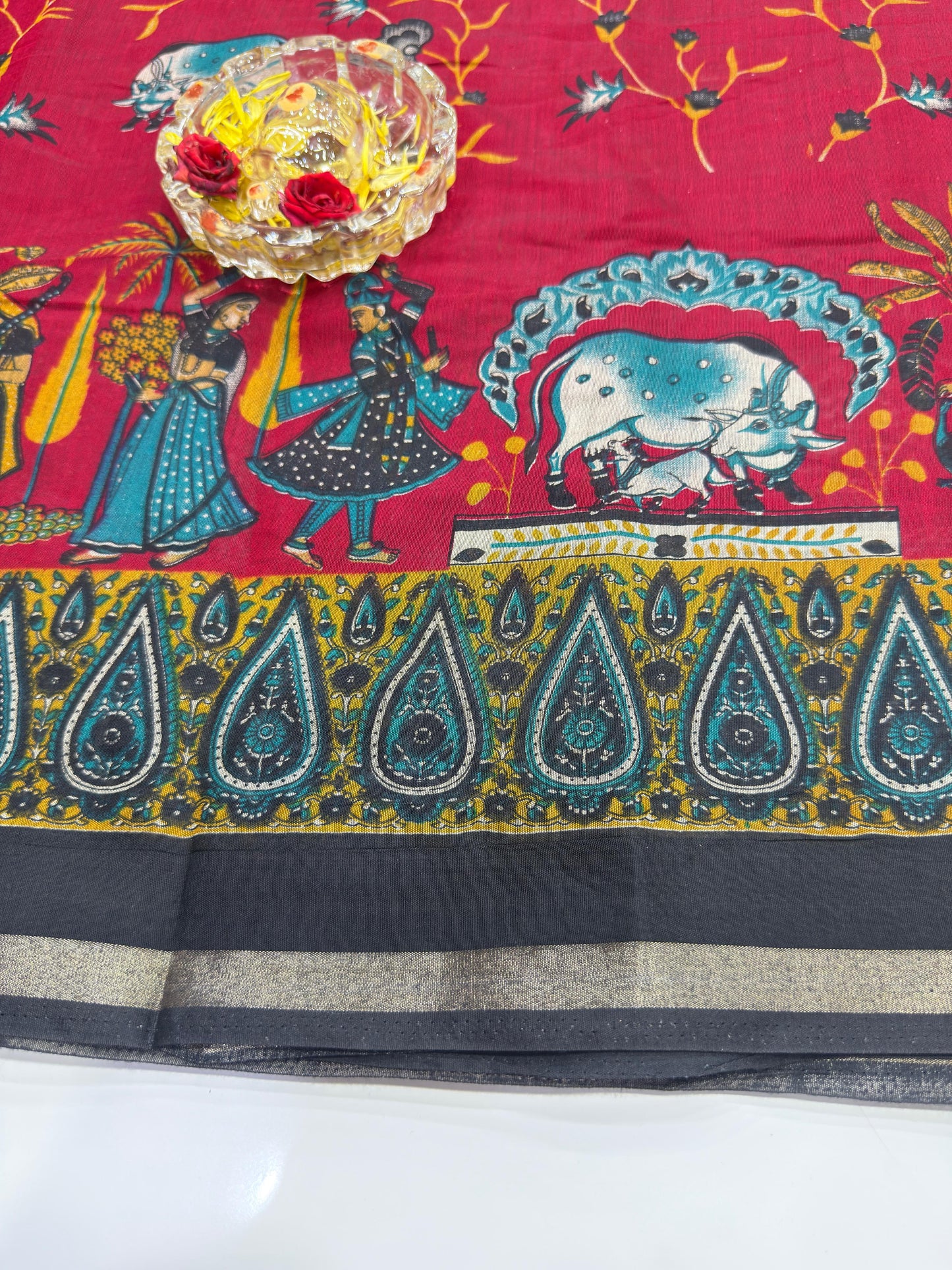 Kalamkari Printed Silk Blend Saree for Women with Artistic Border and Traditional Ethnic Design
