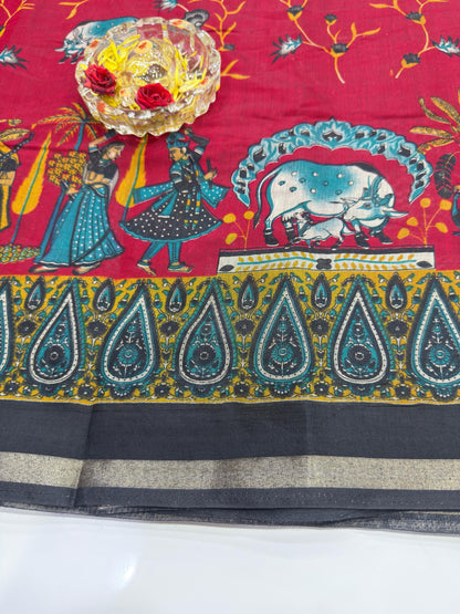 Kalamkari Printed Silk Blend Saree for Women with Artistic Border and Traditional Ethnic Design