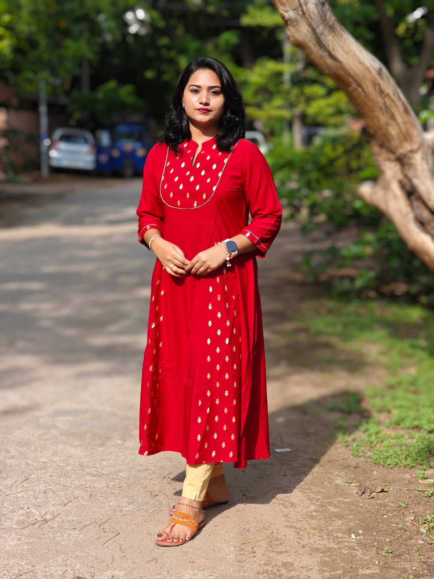 Maroon Poly Crepe A-Line Kurta for Women with Gold Ethnic Motifs – S to 3XL