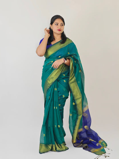 Maheshwari Silk Cotton Saree with Mango Butta Motifs & Gold Zari Border