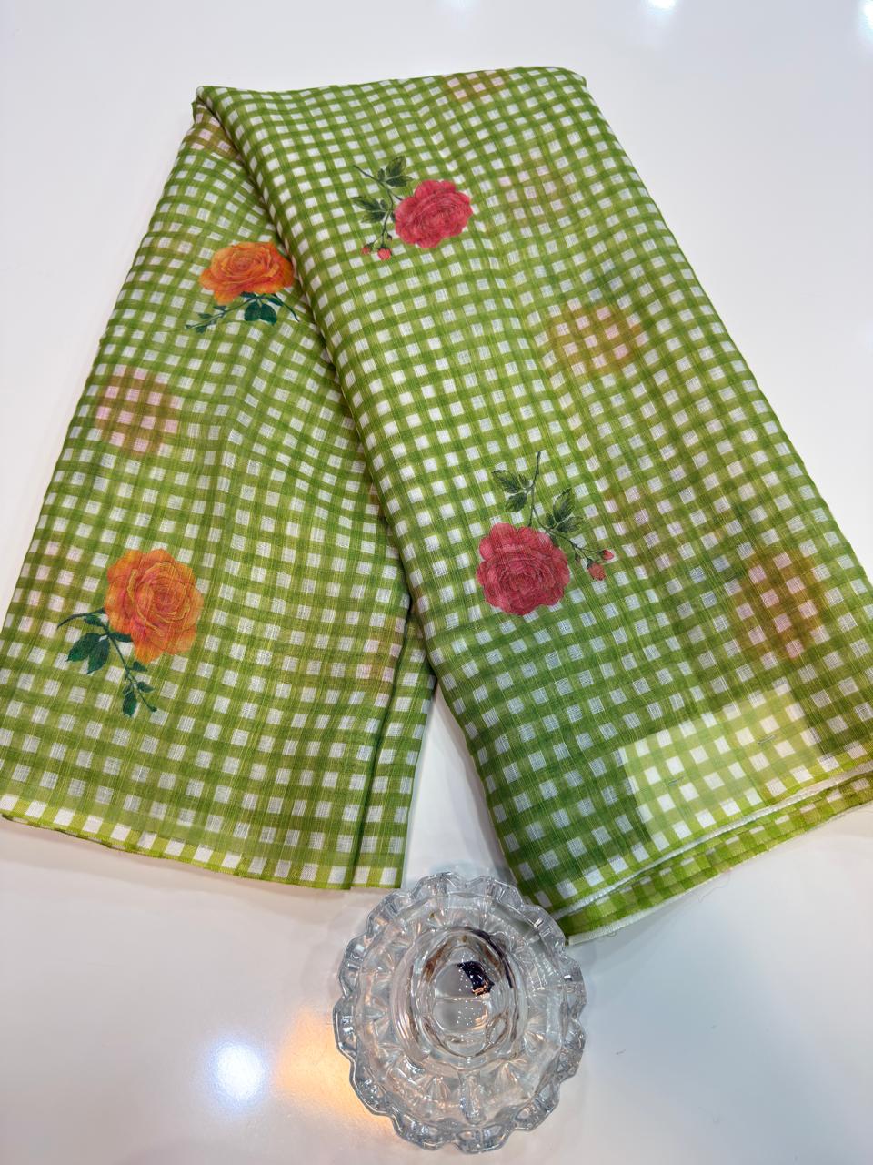 Linen Checks Printed Saree with Rose Floral Design and Matching Blouse for Women