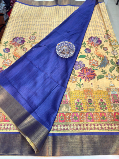 Soft Tussar Silk Printed Saree with Contrast Border, Tassels and Blouse for Women