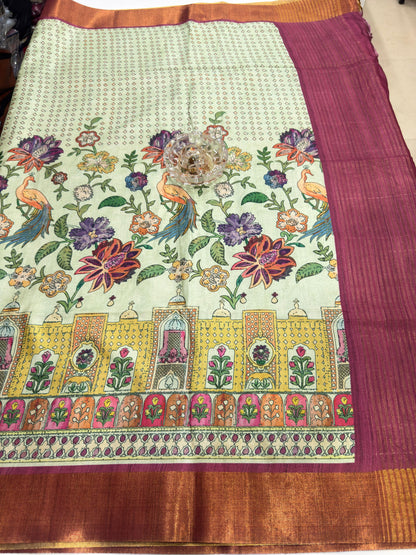 Soft Tussar Silk Printed Saree with Contrast Border, Tassels and Blouse for Women