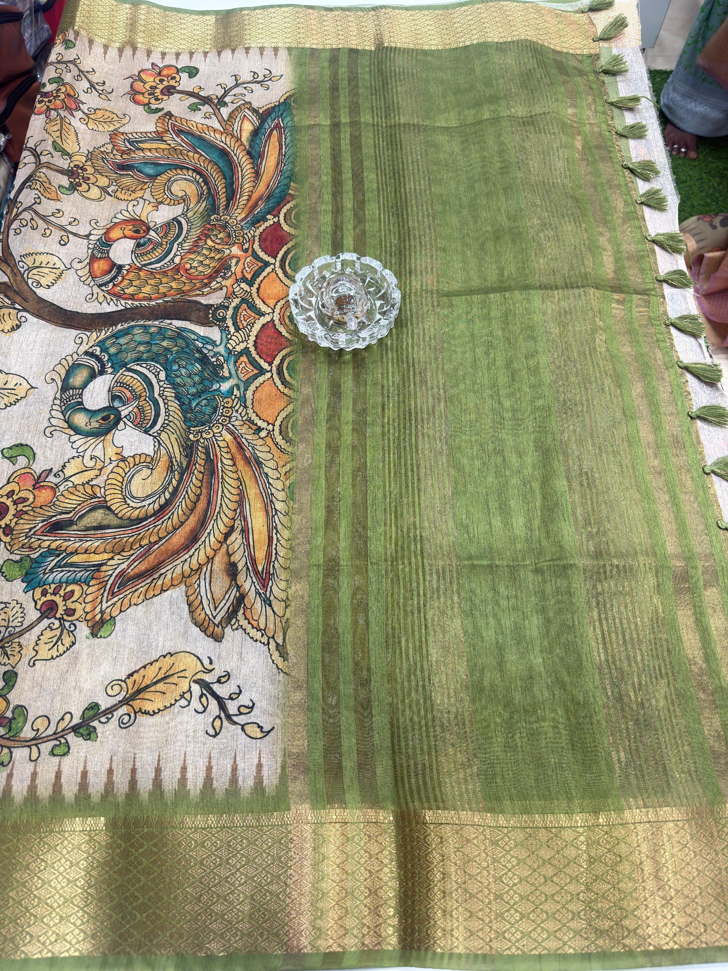 Pashmina Silk Kashmiri Printed Saree for Women Kalamkari Bird Floral Design with Zari Border Ethnic Saree