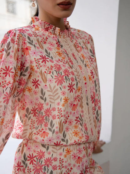 Floral printed georgette co-ord set for women with full-sleeve top and wide-leg pants – elegant summer outfit