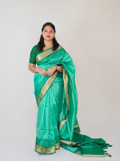 Semi Raw Silk Saree with Body Buti Design, Rich Woven Border and Contrast Blouse for Women