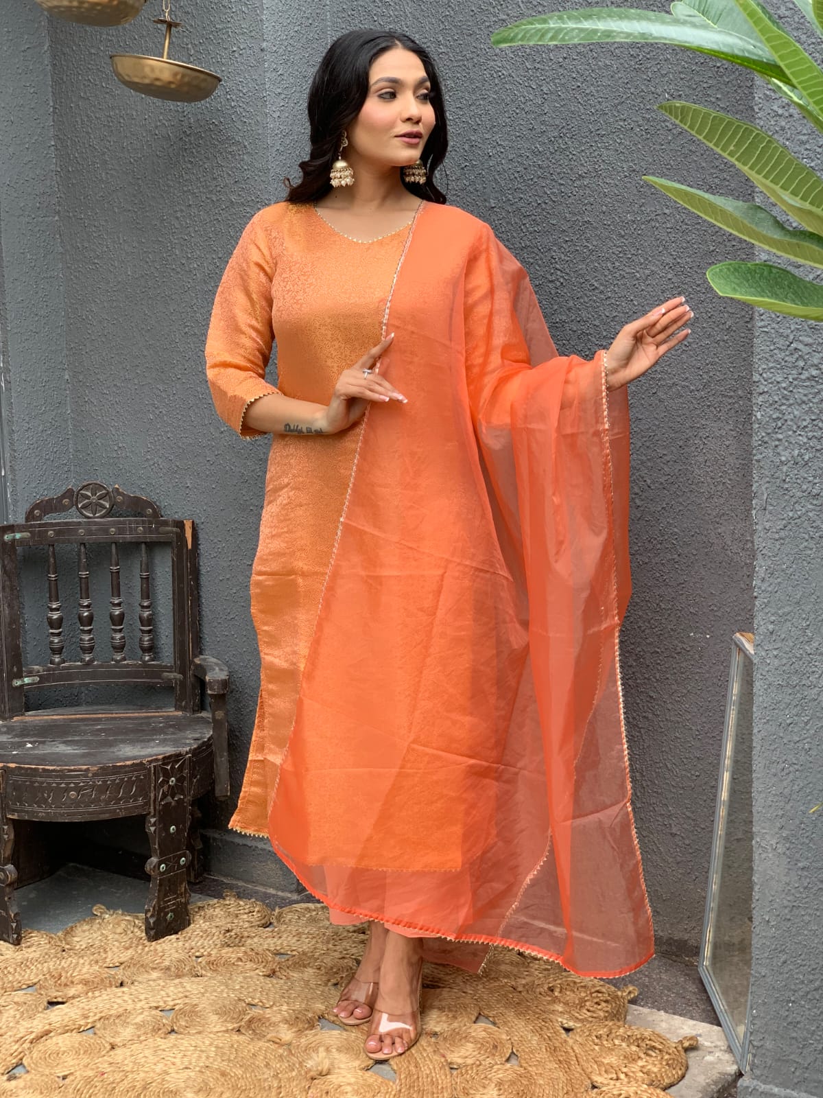 Brocade Banarasi Straight Kurta Pant Set with Organza Dupatta for Women