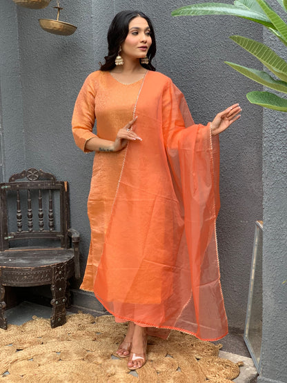 Brocade Banarasi Straight Kurta Pant Set with Organza Dupatta for Women