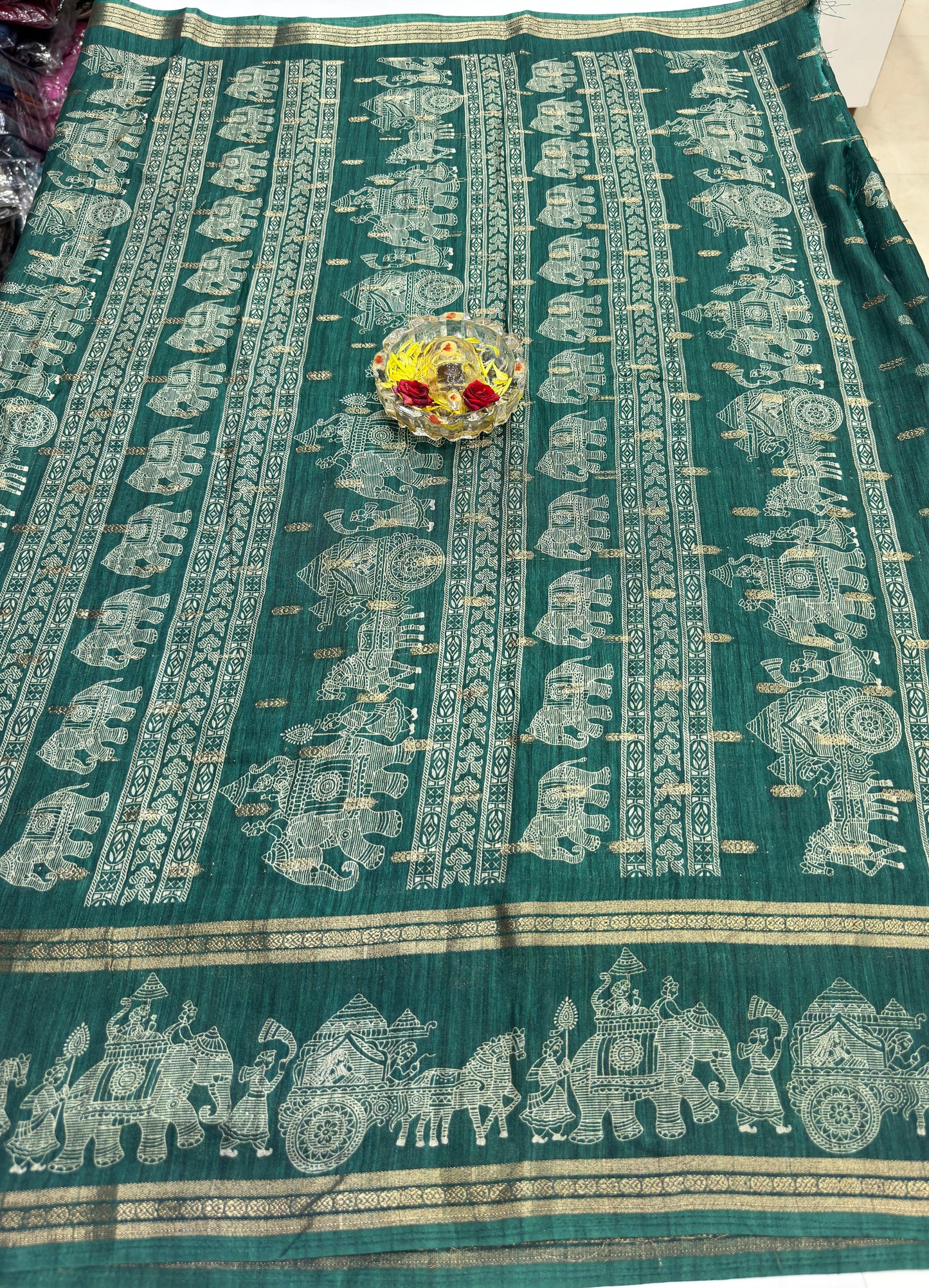 Silk Blend Saree for Women with Elephant Motifs and Traditional Woven Border
