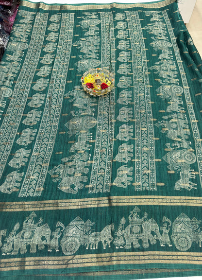 Silk Blend Saree for Women with Elephant Motifs and Traditional Woven Border