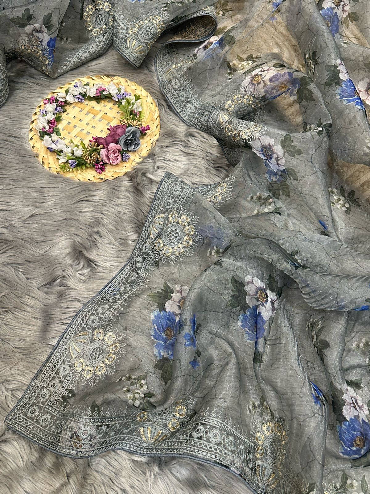 Organza Silk Saree with Digital Print and Viscos Thread Work – Banglori Silk Blouse Included