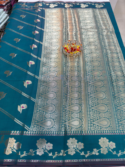Banarasi Semi Katan Silk Saree for Women with Gold Zari Weaving, Meenakari Border and Blouse Piece