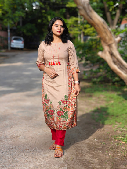 Long Beige Cotton Blend Designer Kurti with Floral Print – Sizes S, XL & 2XL