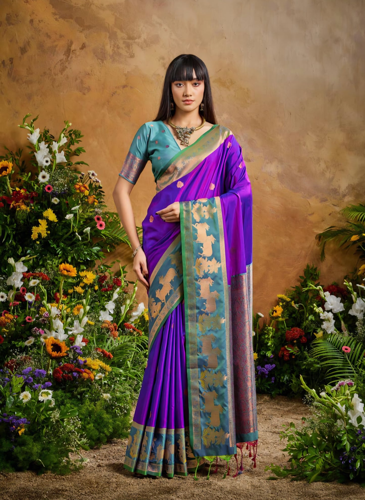 Handloom styled Silk Pichwai Saree with Woven Border and Contrast Blouse