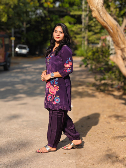 Viscose co-ord set for women with floral print and embroidery – fully stitched festive ethnic outfit