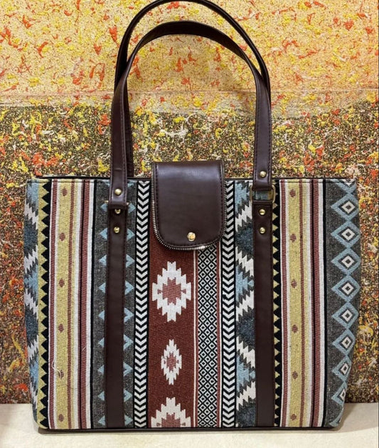 Fortune Tote Bag Double Partition with Laptop Compartment in Rug Jacquard Fabric – Women’s Handbag