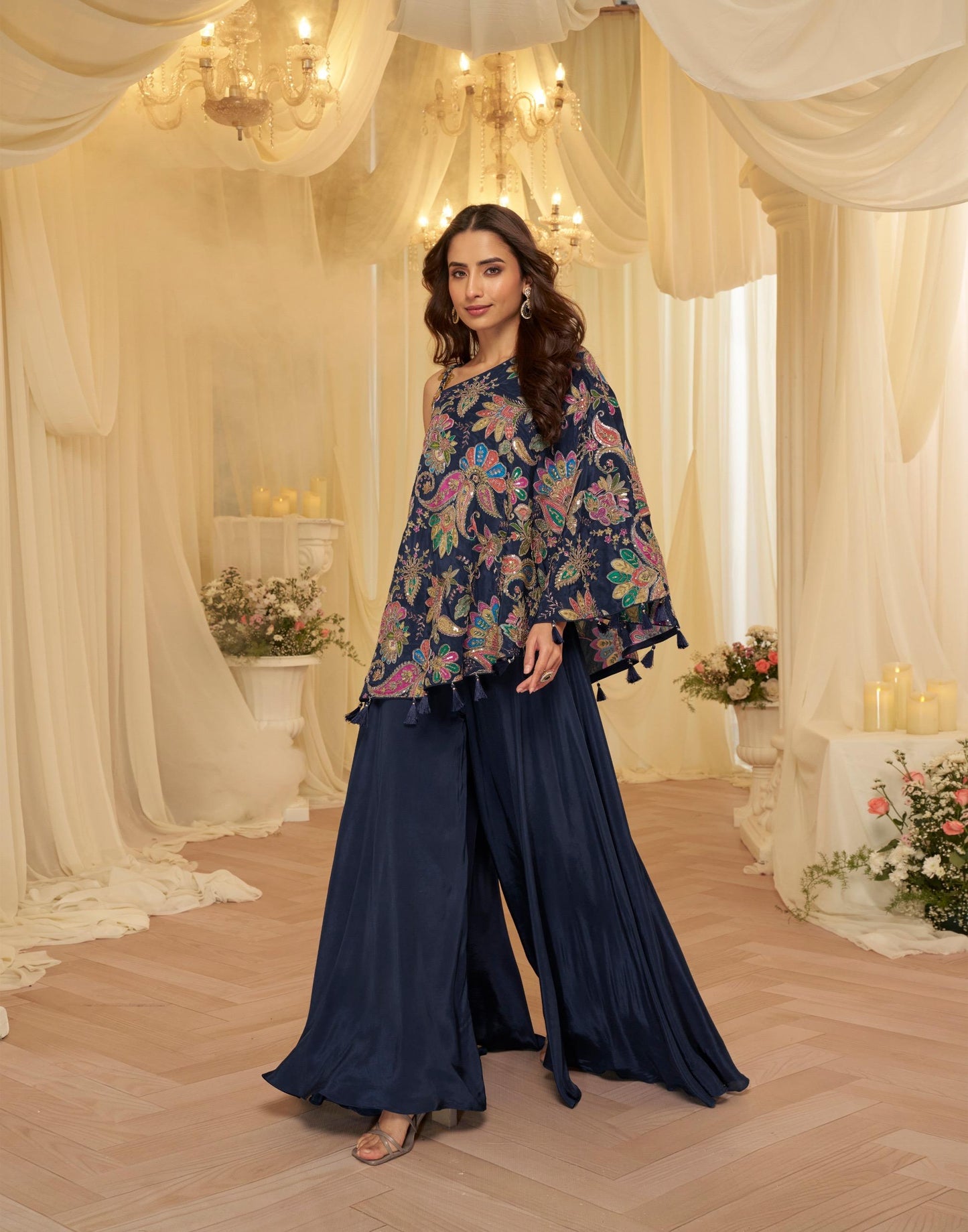 Designer Viscose Crepe Embroidered Kaftan Style Palazzo Set for Women with Blouse