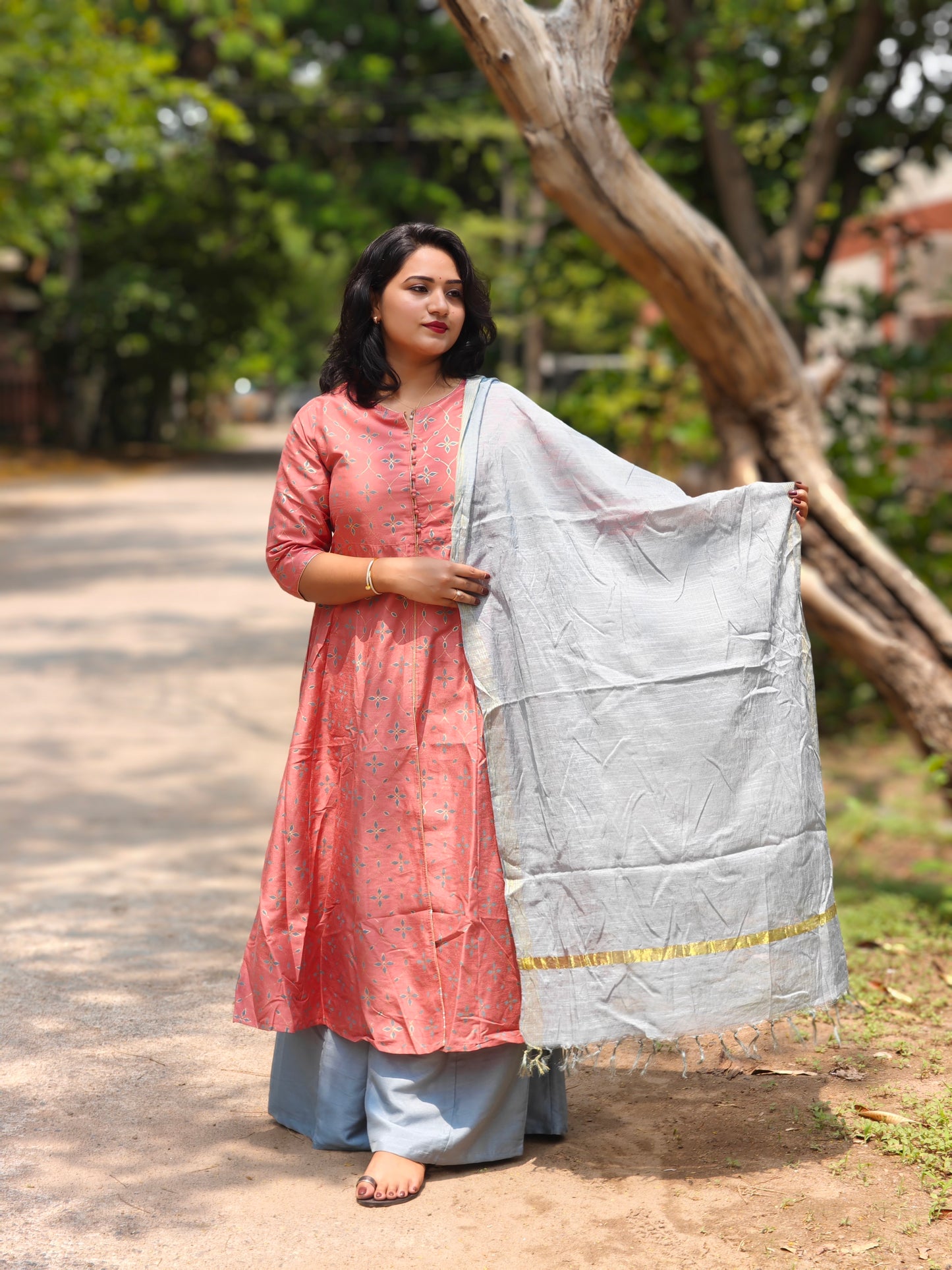 Peach Printed Kurta Palazzo Dupatta Set with Silver-Toned Dupatta for Women – Sizes M to 3XL