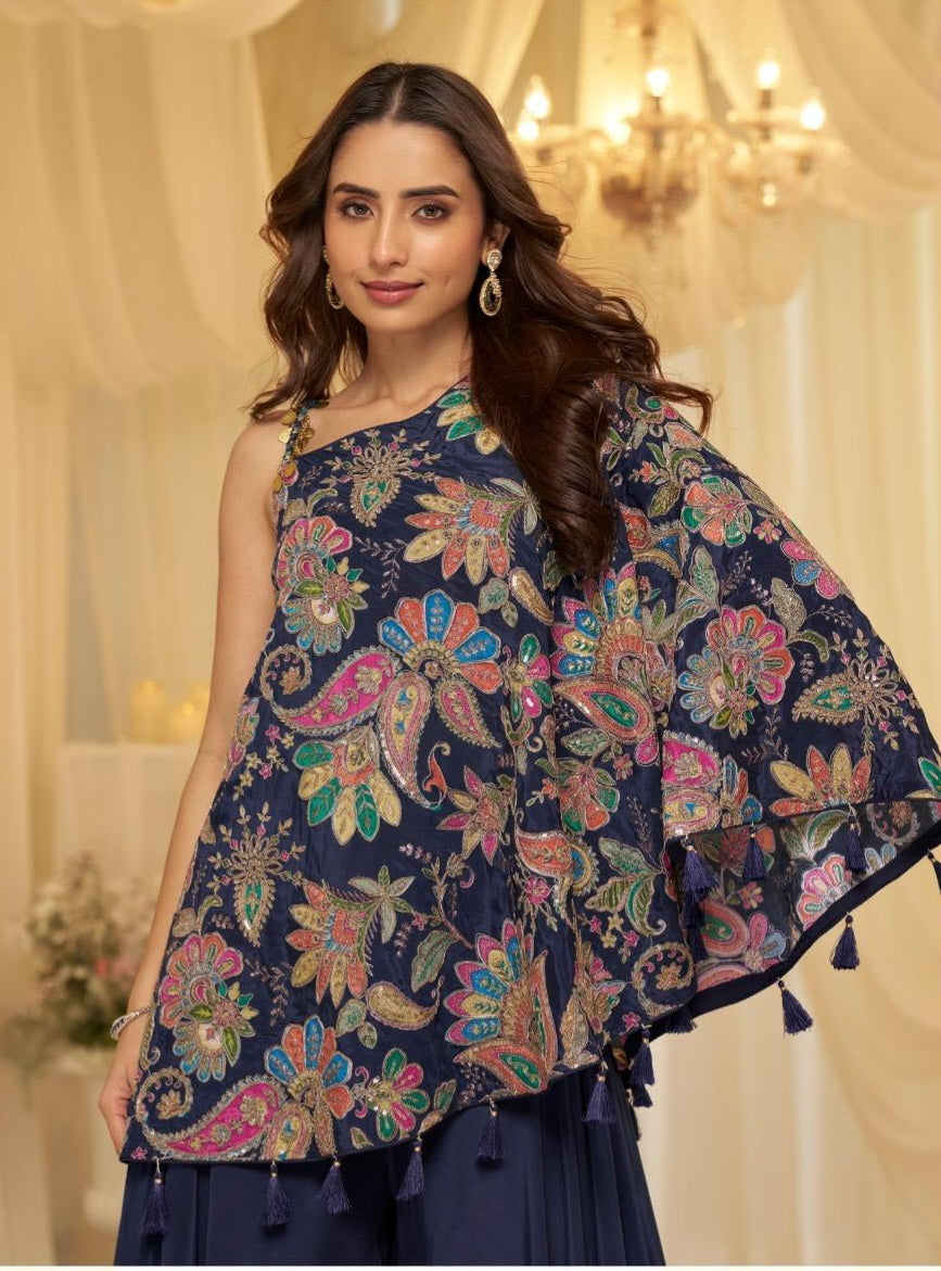 Designer Viscose Crepe Embroidered Kaftan Style Palazzo Set for Women with Blouse