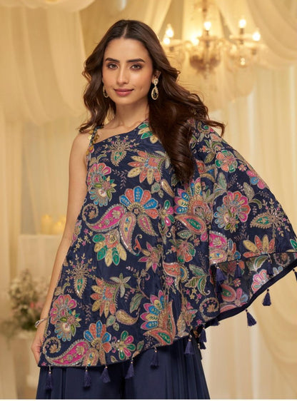 Designer Viscose Crepe Embroidered Kaftan Style Palazzo Set for Women with Blouse