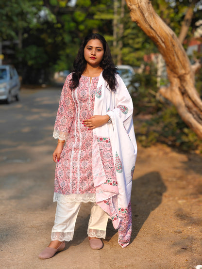 A-line cotton kurti pant dupatta set for women with lace detailing and printed design – summer festive wear