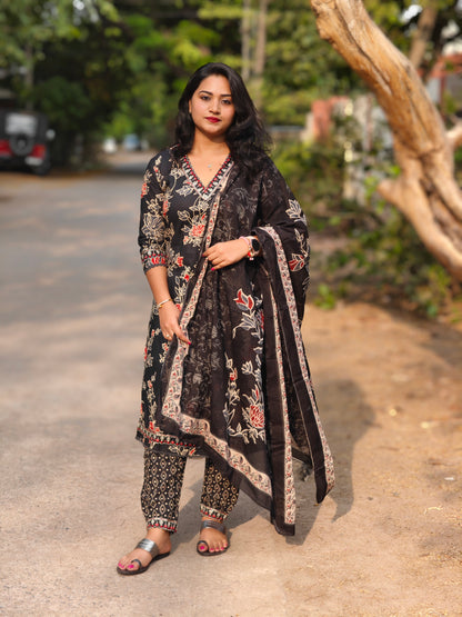 Cotton Afghani Suit Set with Embroidery and Printed Dupatta for Women – Sizes M to 3XL